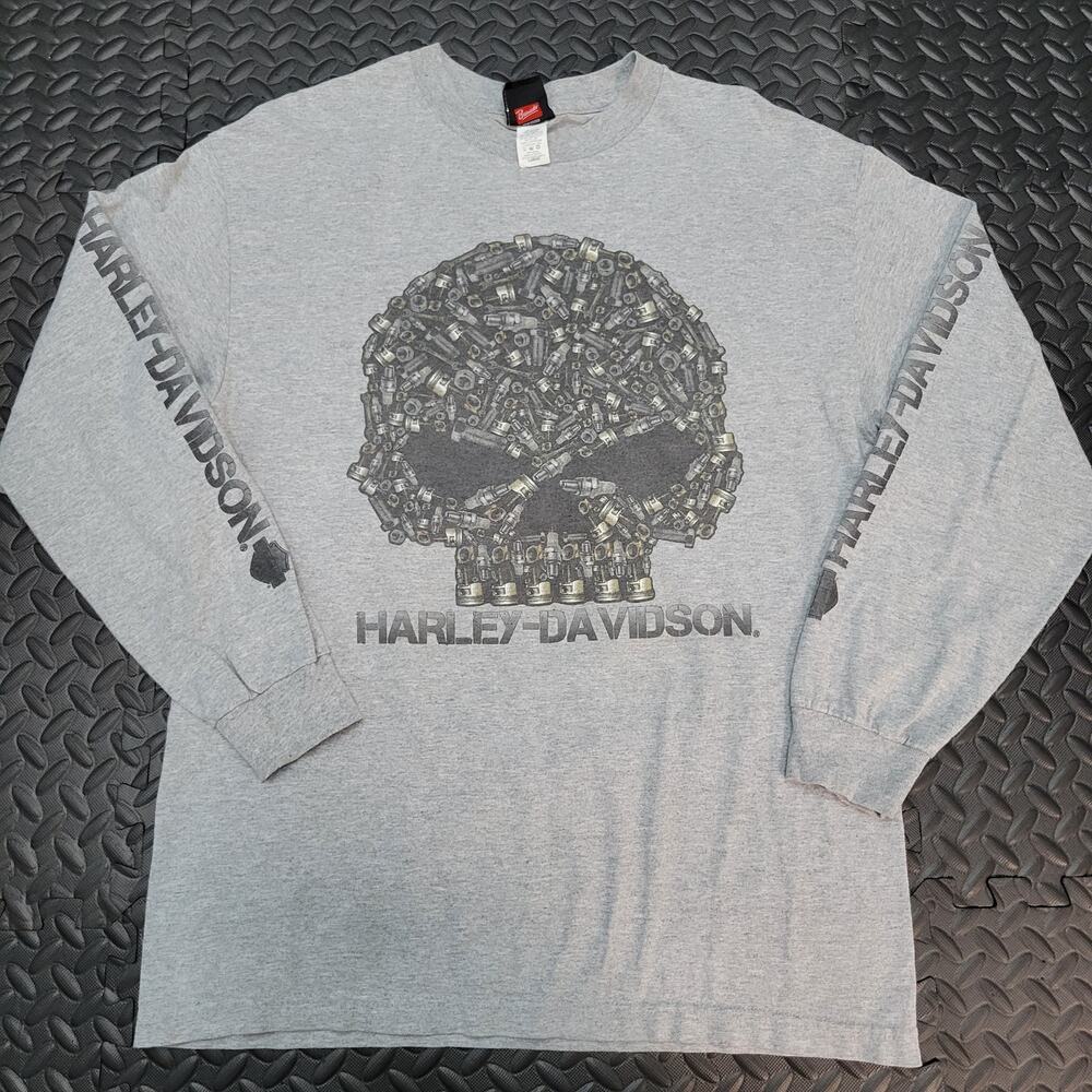 Harley-Davidson Long Sleeve Graphic T Shirt Gray Large Grunge Y2K Motorcycle